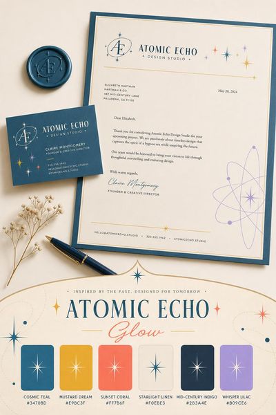 Branding mockup of Atomic Echo Glow color palette in use