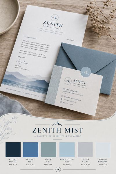 Branding mockup of Zenith Mist color palette in use